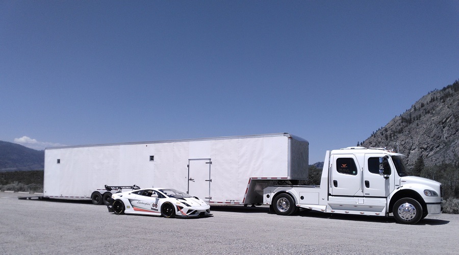 Lamborghini Gallardo Super Trofeo Race Car unloading for corporate race event at Area 27